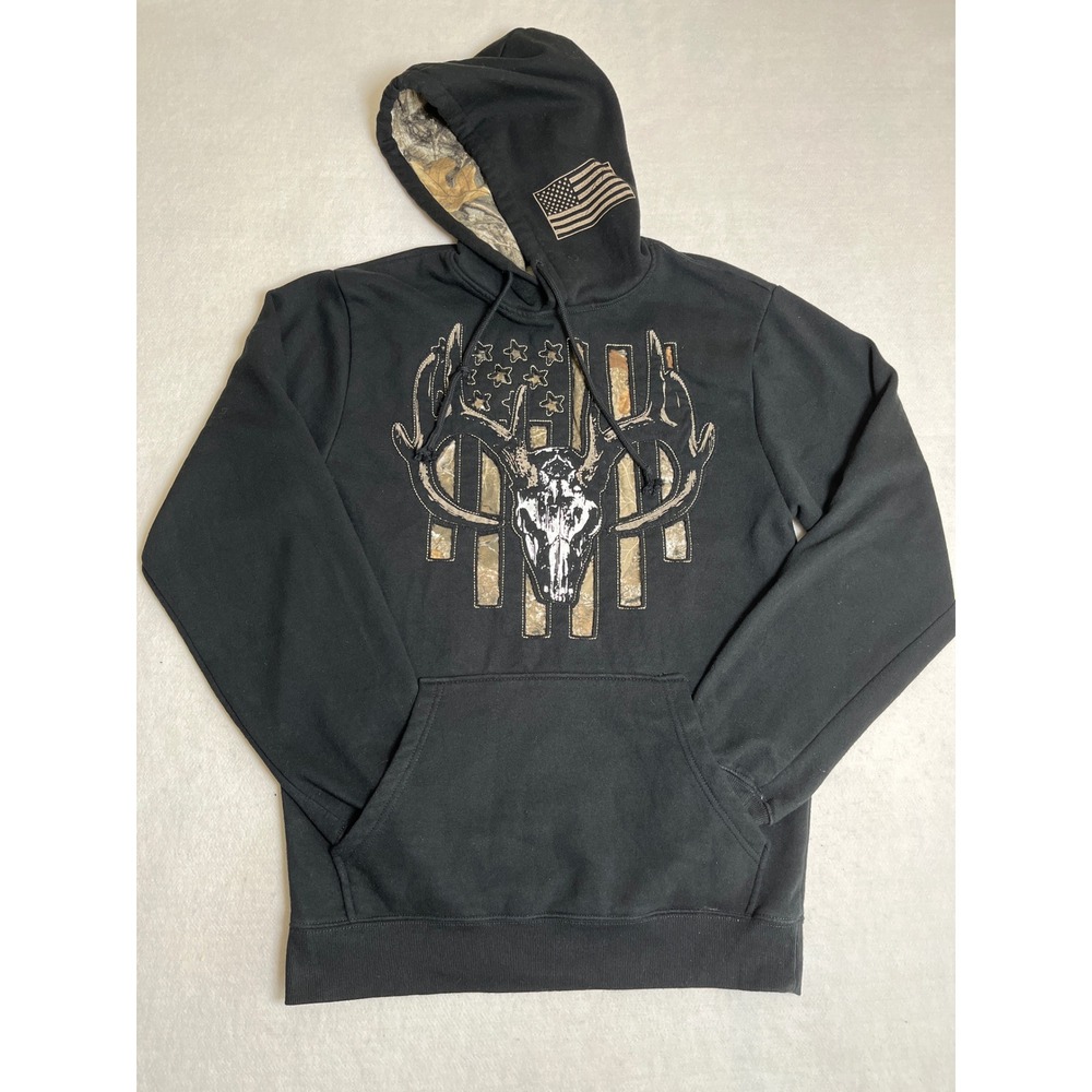 Buck Wear Mens Black Deer Skull American Flag Camo Lined Hoodie Sweatshirt MD